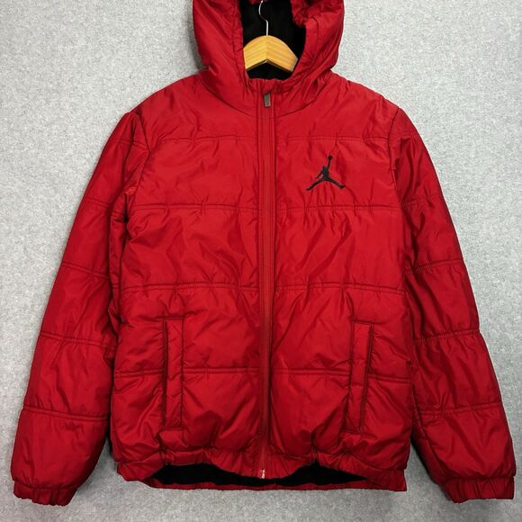 Nike Jordan Puffer Jacket Youth XL (18-20) Red Black Jumpman Hooded Winter Coat - Picture 1 of 7